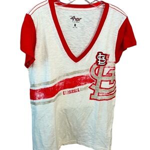 Women's St. Louis Cardinals Majestic V Neck Distressed Patch TShirt NEW Sz‎ XL